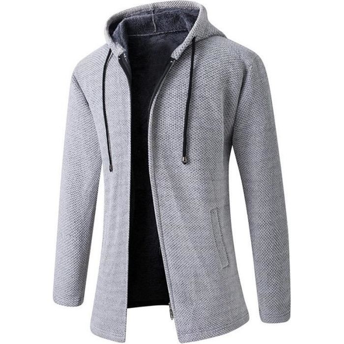 Gilet Homme Hiver Capuche Mi-Longue En Tricot Chaud Doublé Polaire Cardigan Zippé Epais Confortable Automne-Hiver - Noir Noir - Prêt-à-Porter