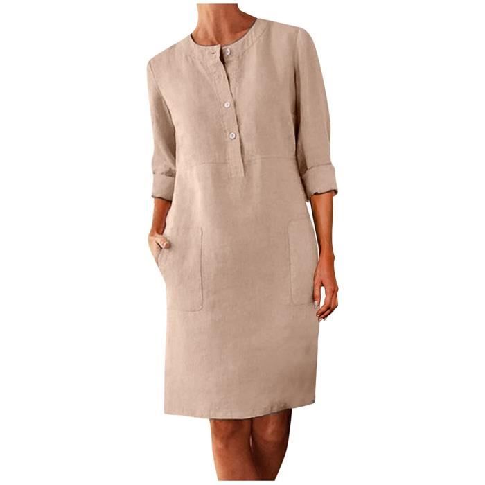 Tunique Femme Longue Coton Lin - Blouse Manches Longues Col V Boutons Grande Taille