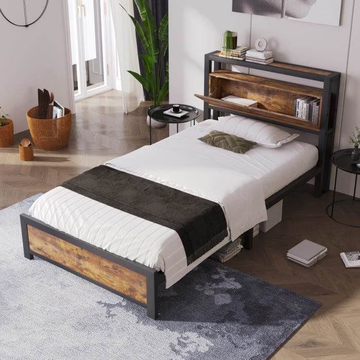 creahappy le lit de fer, lit simple，rangement possible à la tête du lit, noir dépoli, 90 x 200cm