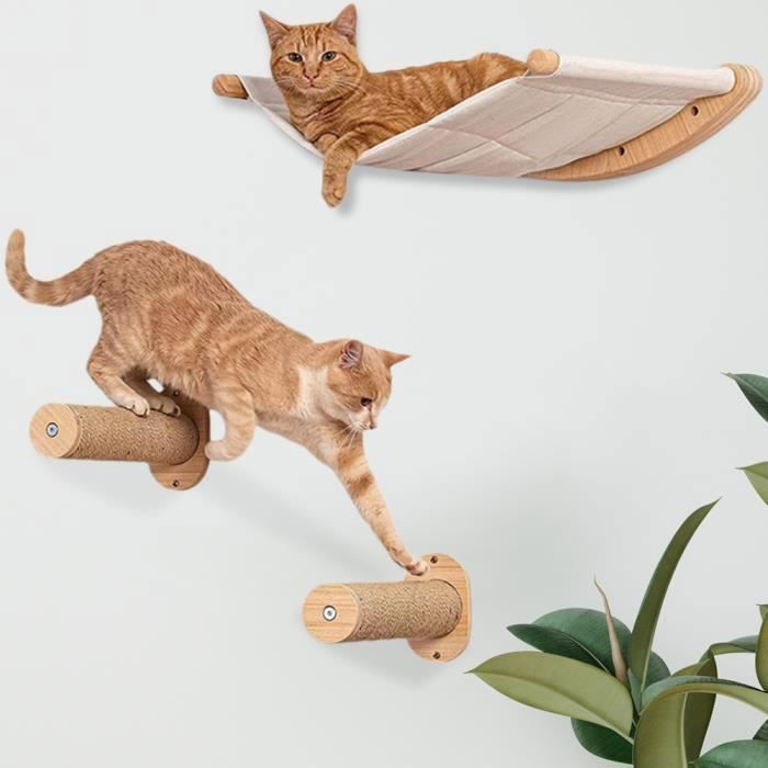 Meilleurs prix pour Meuble Mural pour Chat, Mur d'escalade en Sisal, Hamac Mural pour Chat avec Zone De Couchage(3 Pièces), Bois Naturel, Ultra Stable