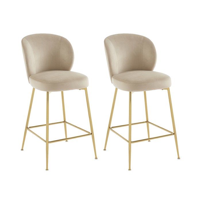 Lot de 2 tabourets de bar en velours et métal doré - Beige - POLPONA Lot de 2 tabourets de bar en velours et métal doré - Beige - POLPONA