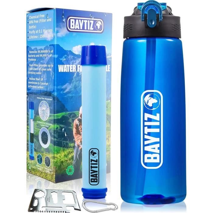 Gourde Filtre Charbon Actif + Paille Survival - Purifie L'Eau En Randonnée, Trek - Kit Voyage Sécurisé