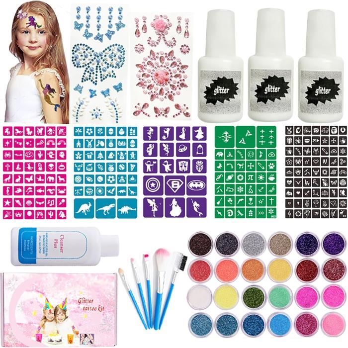 GirlZone Kit Tatouages Pailletés Temporaires Enfant – 33 Pièces Avec 24 Pochoirs + Paillettes, Idéal 4-12 Ans