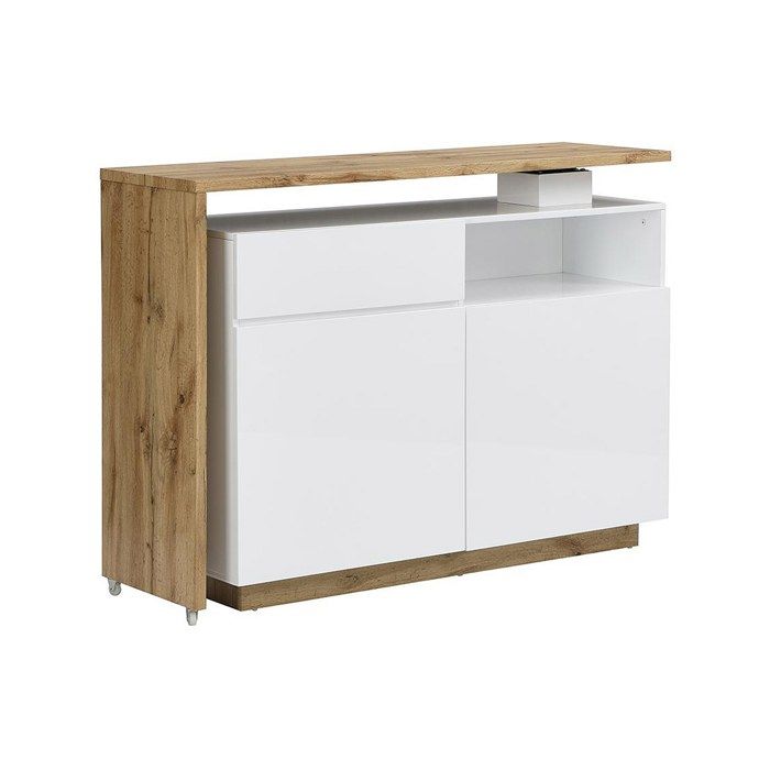 Meuble de bar pivotant avec 2 portes 1 tiroir et 1 niche en MDF - Blanc laqué et Naturel - ELDIR