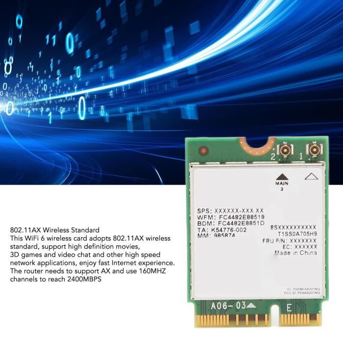 ASHATA Carte Réseau WiFi 6 AX201NGW - Bluetooth 5.0, 2400 Mbps, Interface M.2 CNVio2 Pour Windows 10 64 Bits