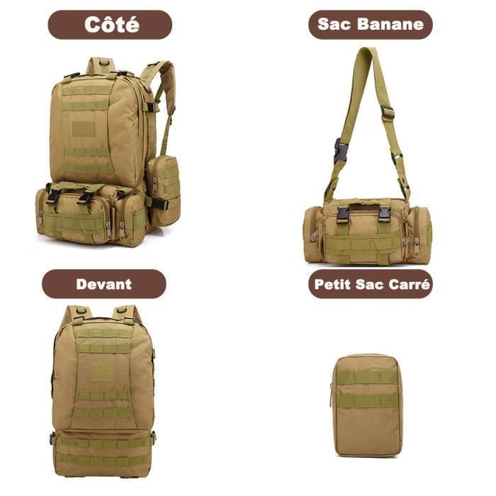 Sac à Dos Tactique Ogetok 55L – Randonnée, Camping – 3 Sacs Molle Détachables – Tissu Oxford 900D – Portage Confortable, 36-55L