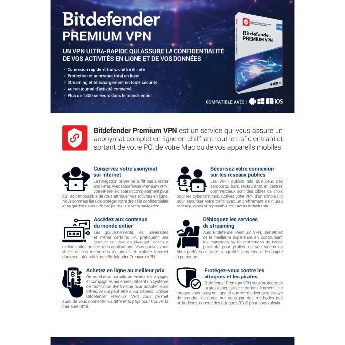VPN Bitdefender Premium 2026 - 10 Appareils - 1 An - Renouvellement ...