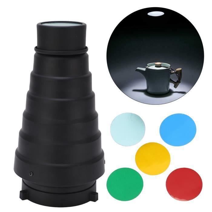 Snoot Optique Conique Pour Flash Studio Avec Grille & 5 Filtres Couleur - Compatible Monture S