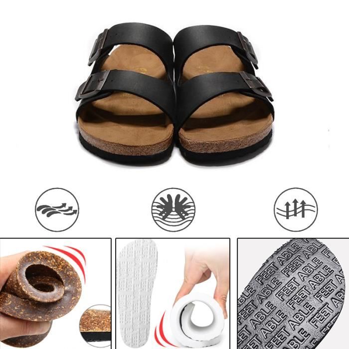 Mules Pour Homme En Cuir Et Liège - Sandales Ouvertes, Semelle Antidérapante, Confort Voûte Plantaire
