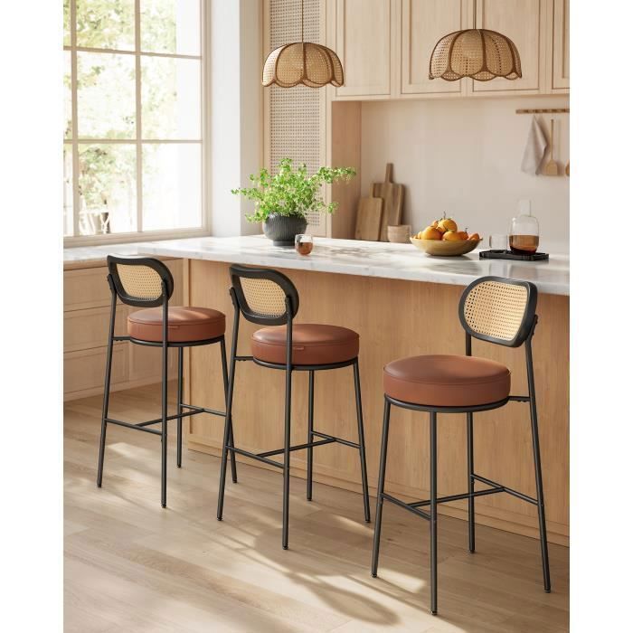 2 Tabourets De Bar En Rotin PE - Hauteur Assise 69 Cm - Avec Dossier Et Repose-pieds - Cadre Métal - Jaune Et Noir - Pour Comptoir 89-99 Cm - 10