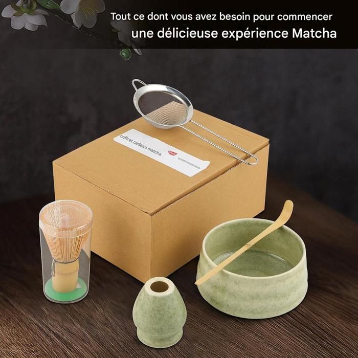 Lot de 5 ensembles à thé matcha avec fouet et bol, kit à matcha pour cérémonie en céramique, cadeau pour les amateurs de thé (blanc