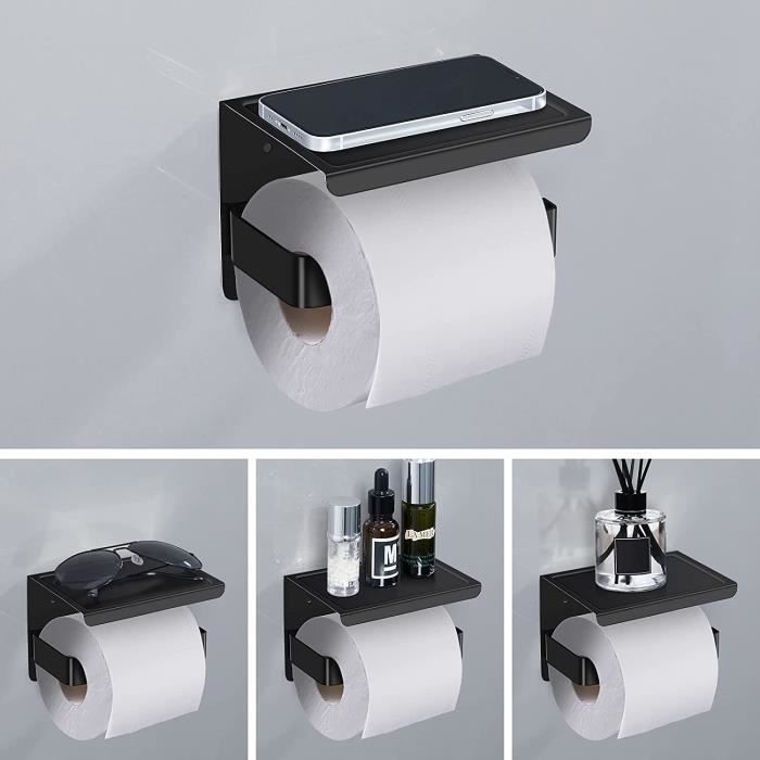 Zuzcher Porte Papier Toilette Mural Support Papier Rouleau Aluminium  Derouleur Papier WC avec Étagère de Rangement Noir
