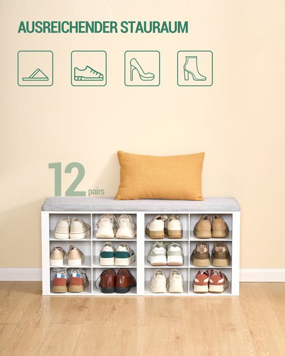 ZHOOGE Banc Chaussures Avec Coussin – Étagère Rangement Entrée – Banc 136 Kg – Organisateur Chaussures Salon & Chambre