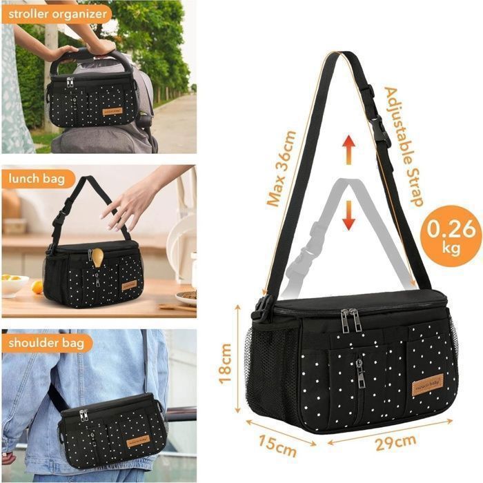 Sac Organiseur De Poussette Bébé - Grande Capacité, Bandoulière Réglable, Multifonction (Noir)