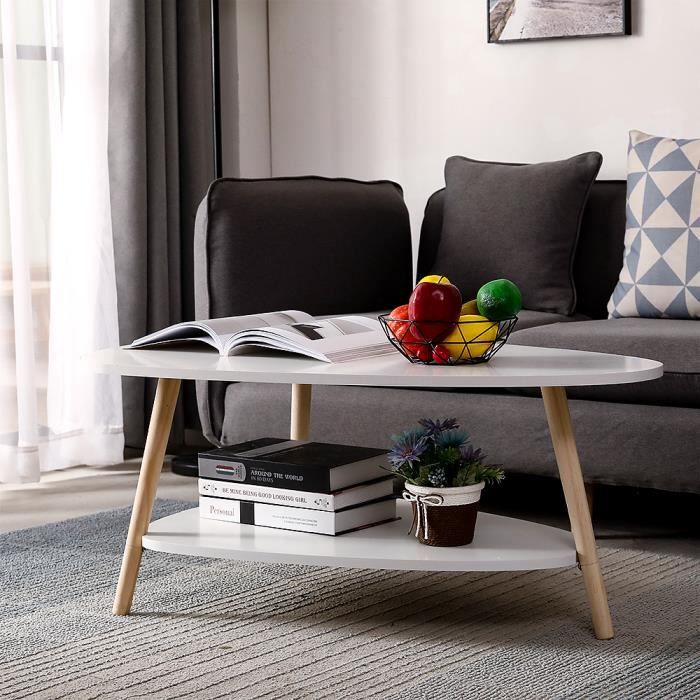 Table De Thé Ovale En Bois à Double Niveau - Table Basse Design Pour Salon, Blanc, Style Mid-century - 2