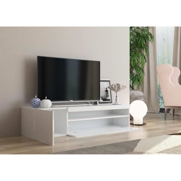 Meuble TV Moderne Blanc - Etagère en verre 2 Tiroirs - Buffet Bas Rangement  Salon Chambre - Cdiscount Maison