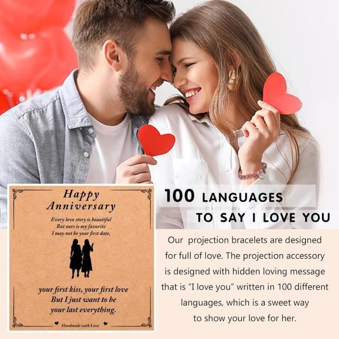 Bracelets Couple Je T'aime 100 Langues TERRISHE - Projection Message Romantique - Cadeau Saint-Valentin Anniversaire