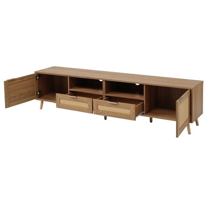 Meuble TV Bois Naturel Et Rotin 170 Cm - Style Campagnard Avec Portes Et Tiroirs
