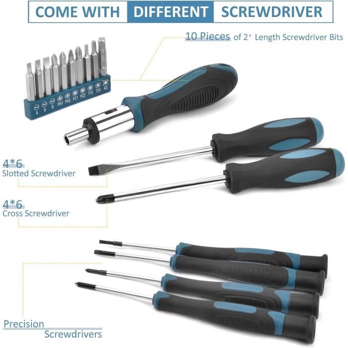 Caisse Outils Complete 198 Pièces, jeu d'outils à Main, jeu de Tournevis avec Clé à Cliquet, Réparation Automobile - Bricolage