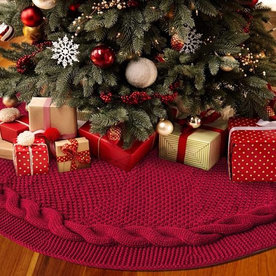 Jupe De Sapin De Noël Tricotée – 71 Cm, Rouge, Cache-pieds Déco – Avec Pinces En Bois Incluses - 2