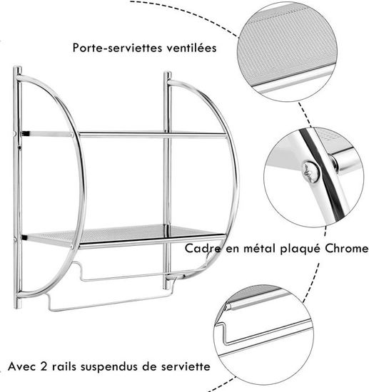 Étagère Murale Salle De Bain COSTWAY - 2 Tablettes + 2 Porte-serviettes, Métal Chromé Blanc - 45x26x55 Cm, Design Anti-accumulation D'eau