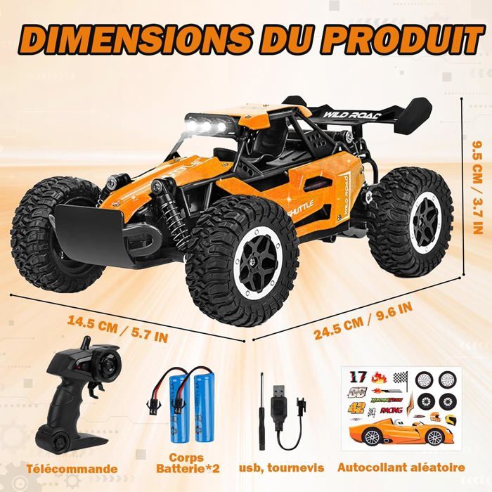 Voiture RC 1/8 2WD Jusqu’à 50 Km/h – Moteur RC550, 2 Batteries 2600mAh, 2,4 GHz Proportionnel, LED, Tout-terrain – Cadeau