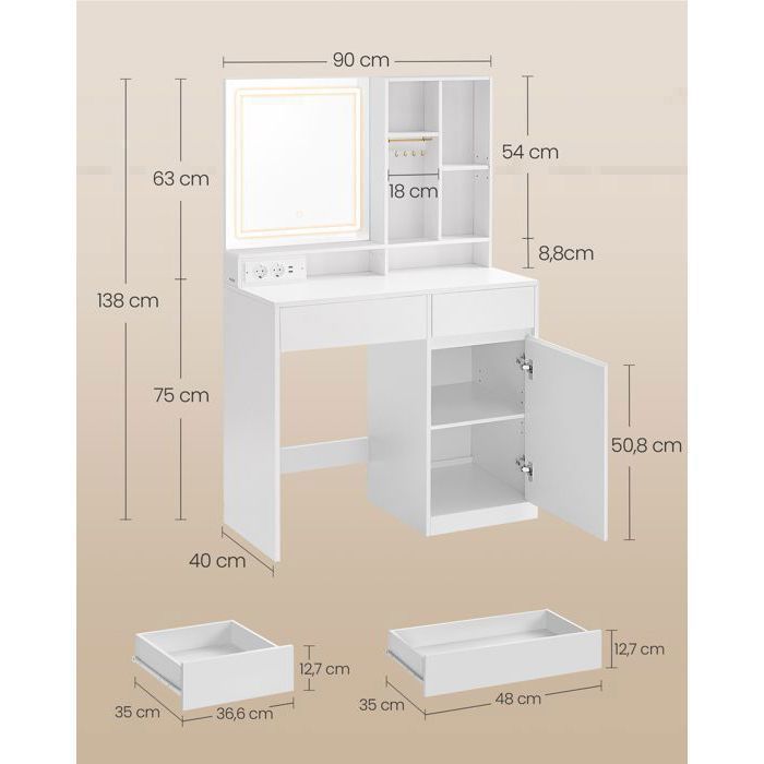 Devoko Coiffeuse Moderne Avec Miroir LED Dimmable – 3 Températures, 2 Tiroirs + Étagères, Table Maquillage Élégante 90x40 Cm, Blanc