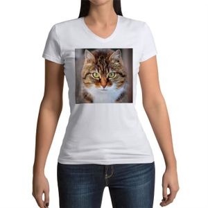 T-SHIRT T-shirt Femme Col V Magnifique Chat Tigre a Poil Long Gros Plan Yeux Vert