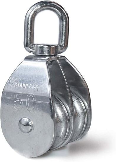 Poulie Double En Acier Inoxydable 304 - Diamètre Roue 50 Mm, Capacité 400 Kg, Crochet Pivotant 360°, Pour Levage Et Bricolage
