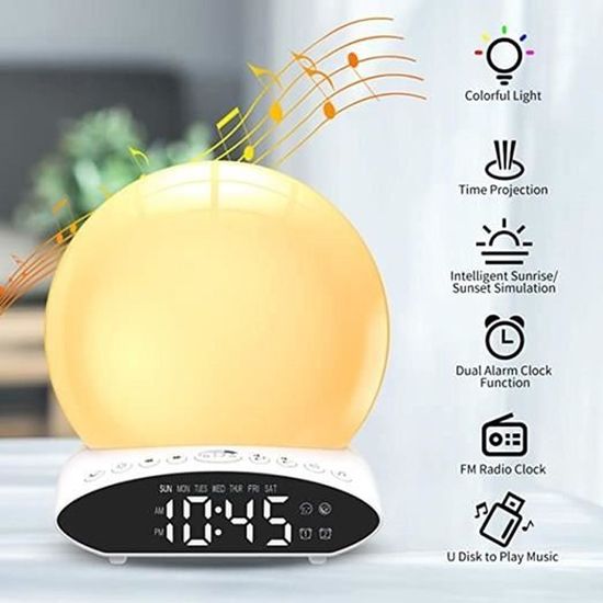 Réveil Lumière à Projection Lampe de Chevet avec 2 Alarmes, Simulation du Lever et Coucher de Soleil, Fonction Snooze, 7 couleurs