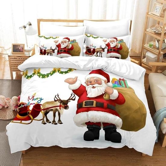 Housse De Couette Noël Père Noël Dans La Neige - 140x200 Cm + 1 Taie D'Oreiller - Polycoton