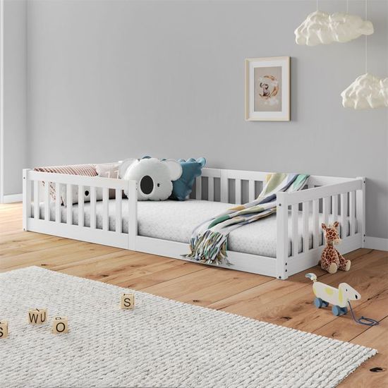 Lit Cabane Enfant 2 Places 90x200 - Lit Au Sol Montessori Avec Barrières - En Pin Et MDF - Blanc - Pour Chambre Partagée - 7