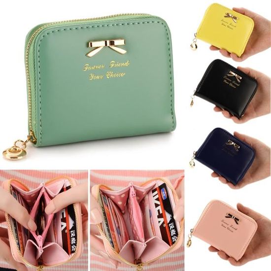 Portefeuille Femme Cuir PU Compact Vin Rouge - 10 Cartes, Poche Zippée, Bracelet Amovible REETEE
