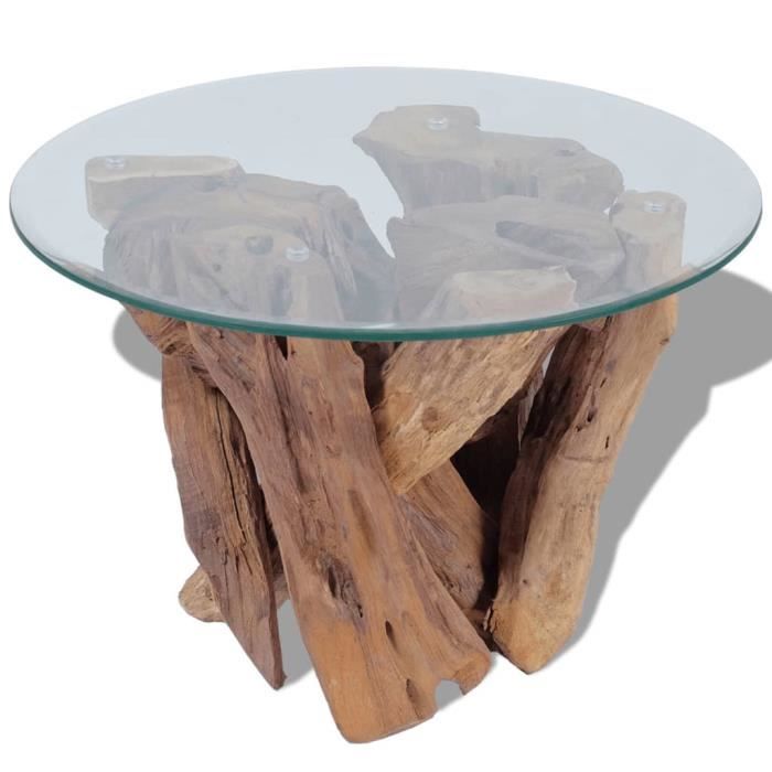 Table basse base en bois flotté teck massif + dessus de table en verre trempé 60 x 0,8 cm marron -LAG