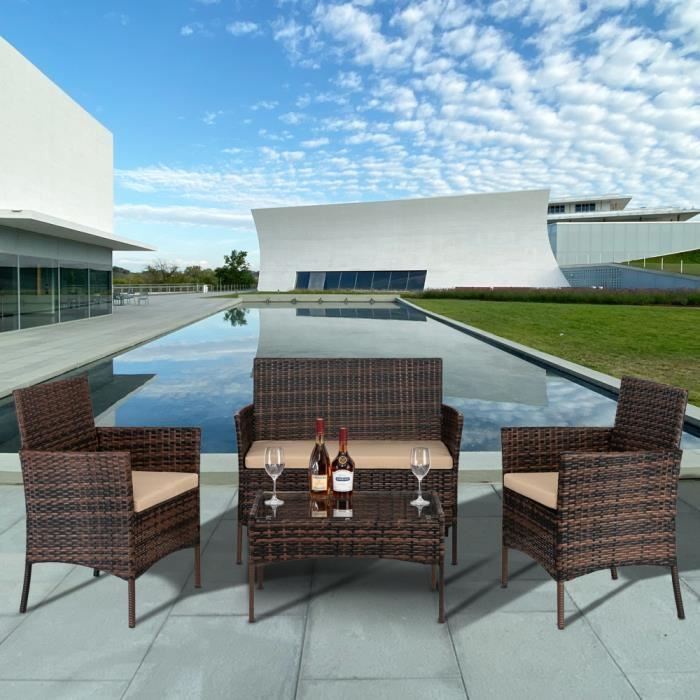 Salon Bas de Jardin en Résine Rotin 1 Canapé + 2 Fauteuil + 1 Table Basse - 4 Places - Marron