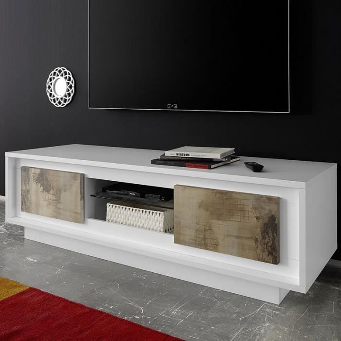 Meuble TV moderne blanc laqué mat et couleur bois ERINE 2