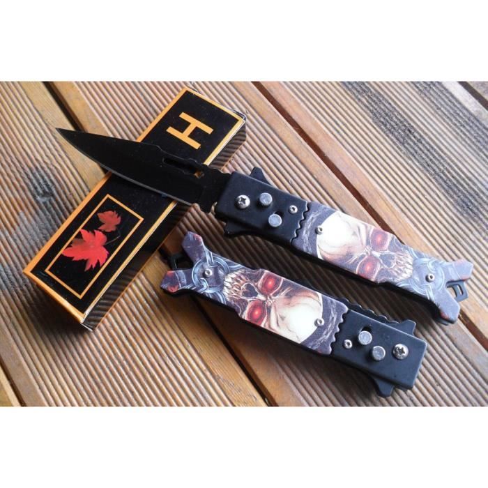 Tête de Mort Couteau Pliant Lame Acier Noir 9 Cm Manche Acier 11,5 Cm
