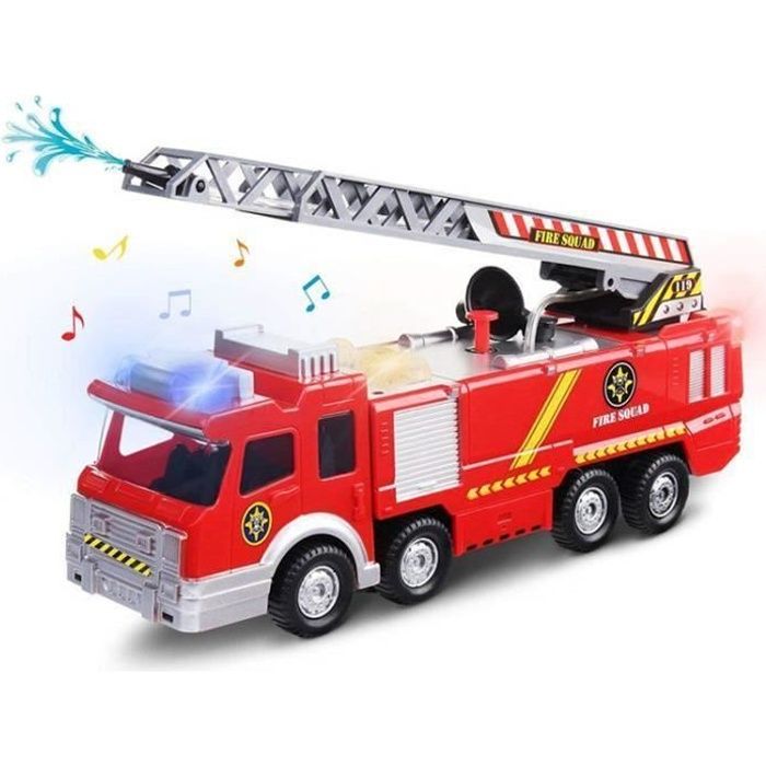 Camion de pompiers avec pompe à eau et échelle extensible avec lumières clignotantes et sirènes, jouet d'action Bump & Go à piles1