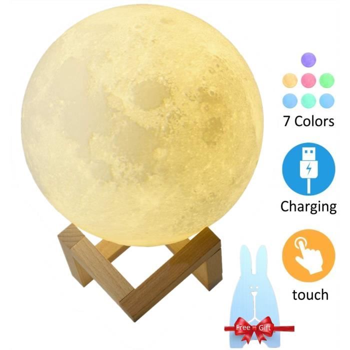 Lampe Lune 3D Tactile 7 Couleurs USB Rechargeable Moon Lamp Veilleuse Lune Multicolore Pour Enfant Cadeau Anniversaire Noël -15CM