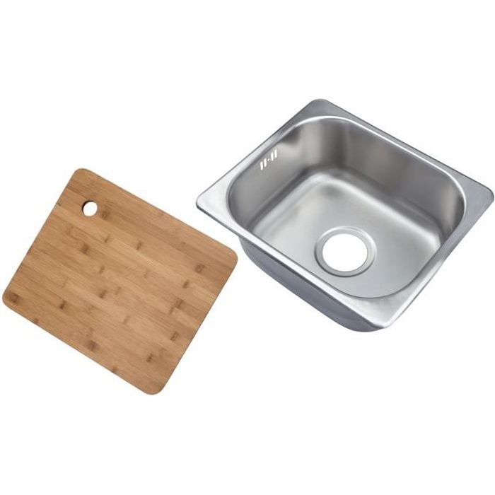 Complement® Petit évier carré encastrable 1 bac acier brossé +Planche à découper en bambou (A11 bs + cb)