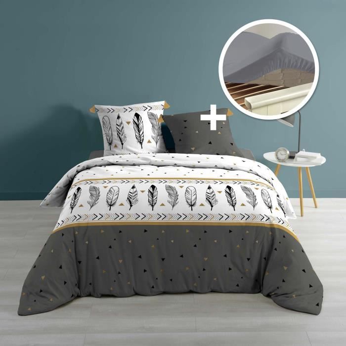 Ensemble Parure de couette 240 x 220 Plume chic + drap housse coton 140 x 190 Gris