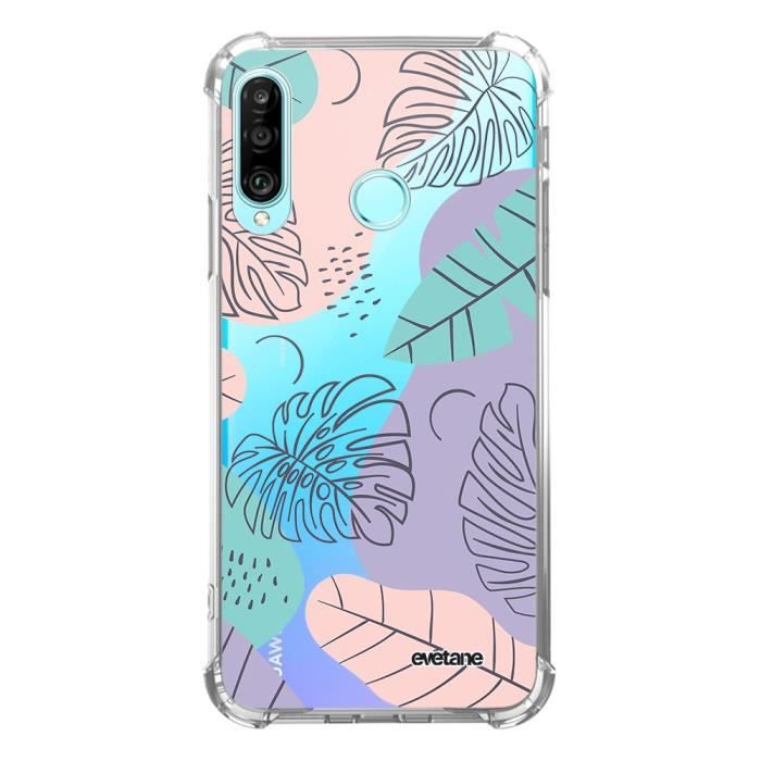 Coque pour Huawei P30 Lite anti-choc souple angles renforcés transparente Feuilles Pastels Evetane.