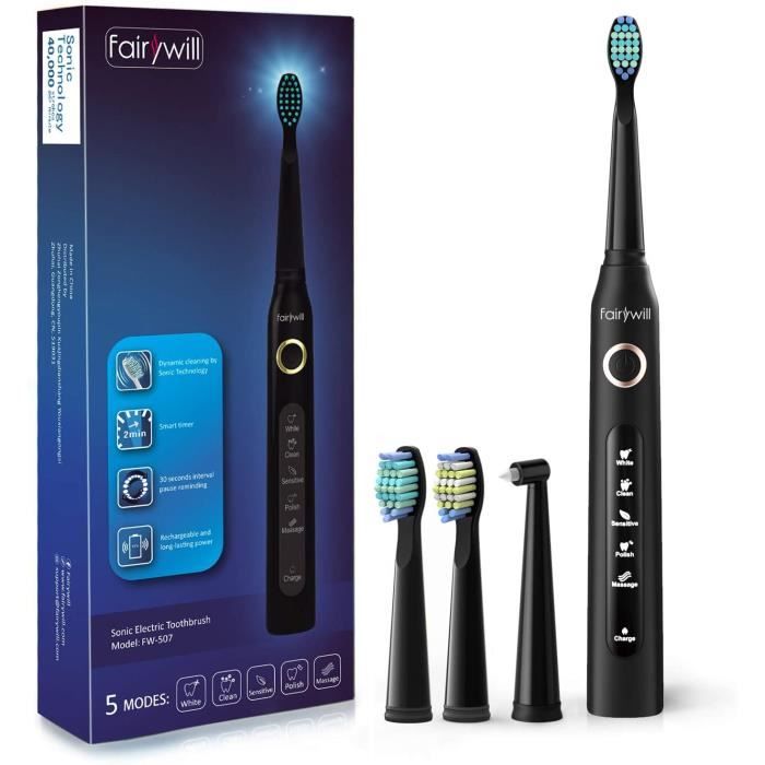 Brosse à dent électrique Fairywill Brosse à dent sonique 4 heures de charge, 30 jours d'utilisation minimum, 5 Modes en option FW-50