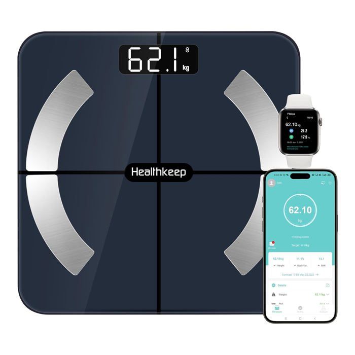 Pèse Personne Impédancemètre, Balance Connecté de Haute Précision avec 13 Données Corporelles, Verre Trempée et Smartphone APP 180kg