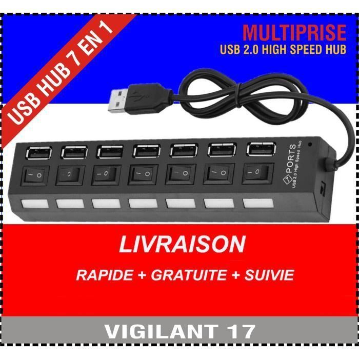HUB USB 2.0 7 Ports Multiprise Multi Chargeur Câble pour Pc Laptop ON/OFF Noir