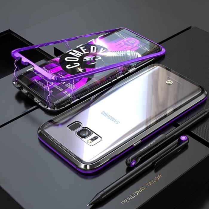 Samsung Galaxy S8 Coque,Luxury Absorption magnétique Pare-Chocs métal Antichoc étui arrière Tempered Glass - violet noir