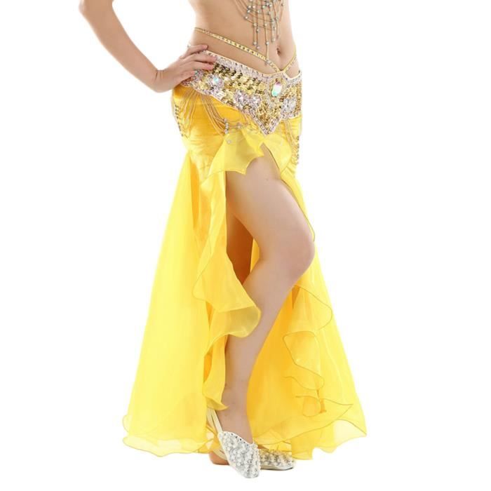 Jupe De Danse Du Ventre Femmes Fente Longue Jupe Danse Sans Ceinture Jaune