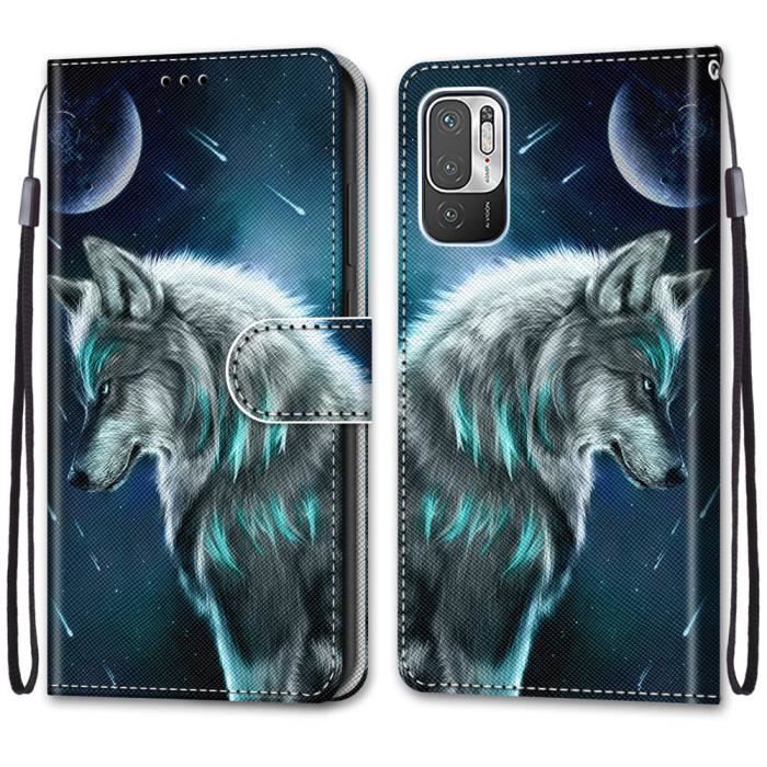 Coque pour Xiaomi Redmi Note 10 5G / Xiaomi Poco M3 Pro 5G Housse enCuir PU Portefeuille Etui à Rabat Magnétique Motif Loup Lune