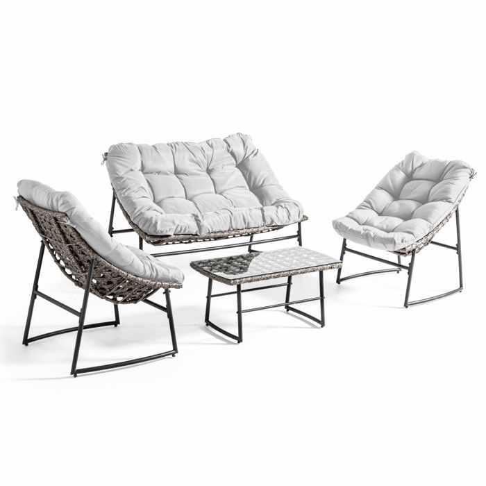 Salon de jardin 4 places en métal et résine tressée - ensemble canapé, 2 fauteuils et une table basse pour 4 personnes