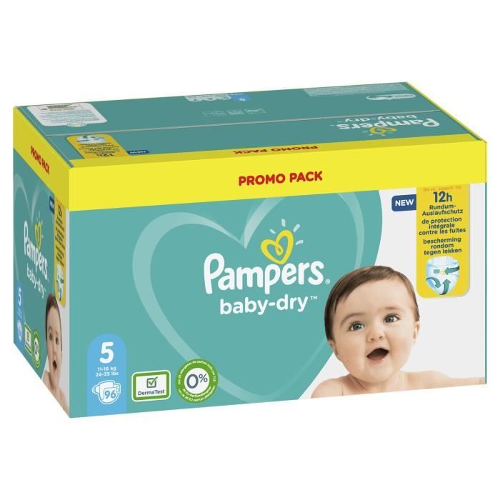 Pampers Baby-Dry Taille 5, 96 Couches, Jusqu’À 12 h De Protection, 11-16kg